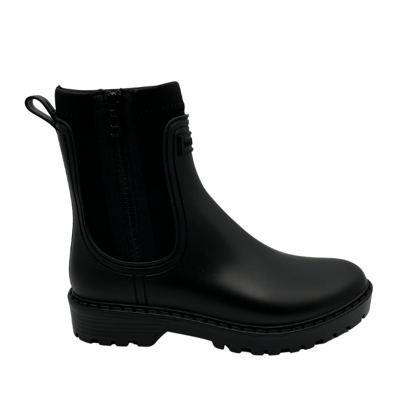 Right facing view of rubber and neoprene ankle boot. Black upper and matching black rubber outsole.