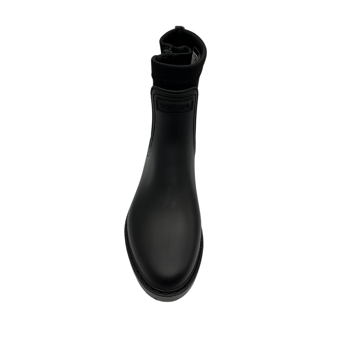 Top view of rubber and neoprene ankle boot. Black upper and matching black rubber outsole.