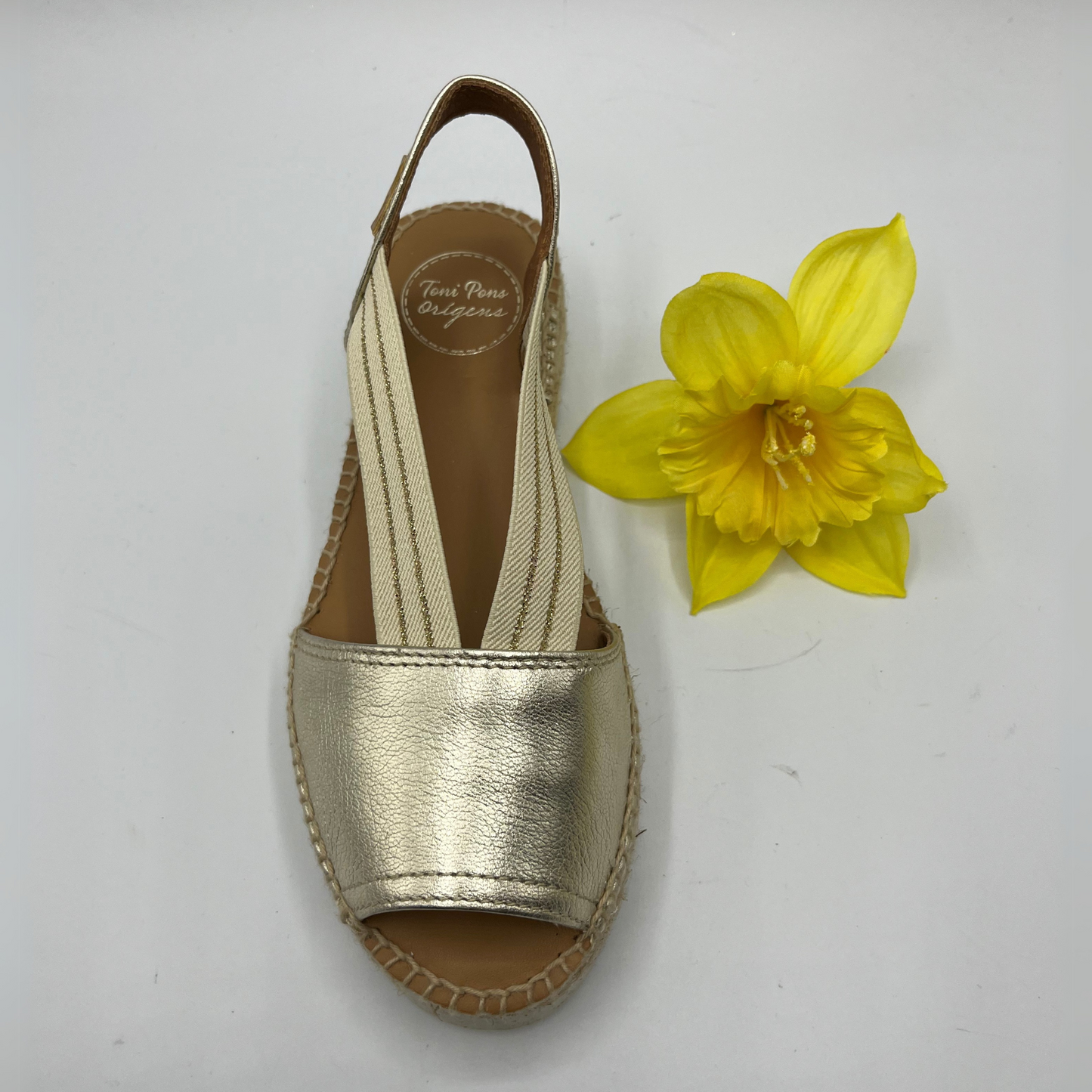 Top view of an espadrille soled sandal with elasticated side straps and platinum leather straps.