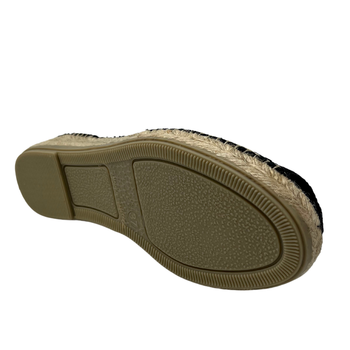 Bottom view of black sandal with beige rubber sole