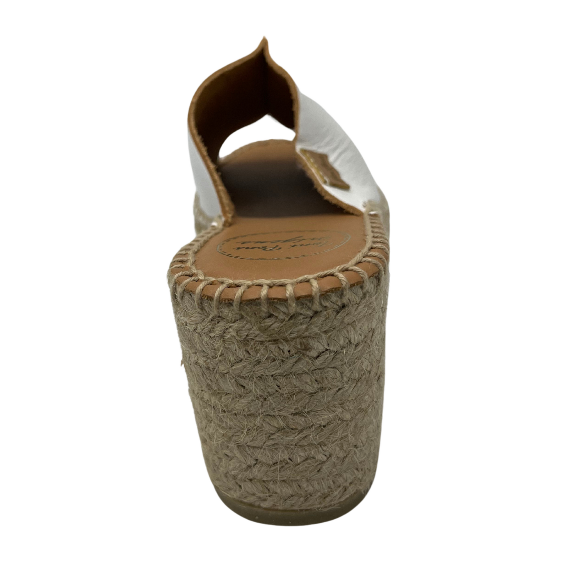 Back view of white leather espadrille with wedge heel