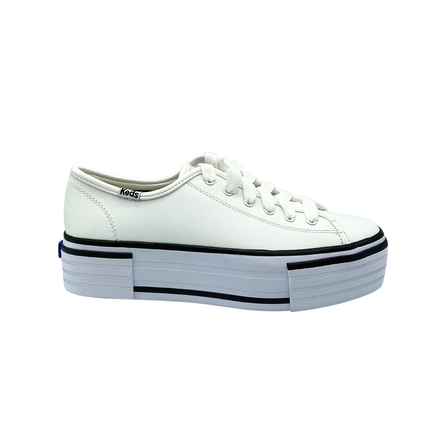 Outside view of a white leather sneaker with white laces. Rubber platform sole with dark stripe details
