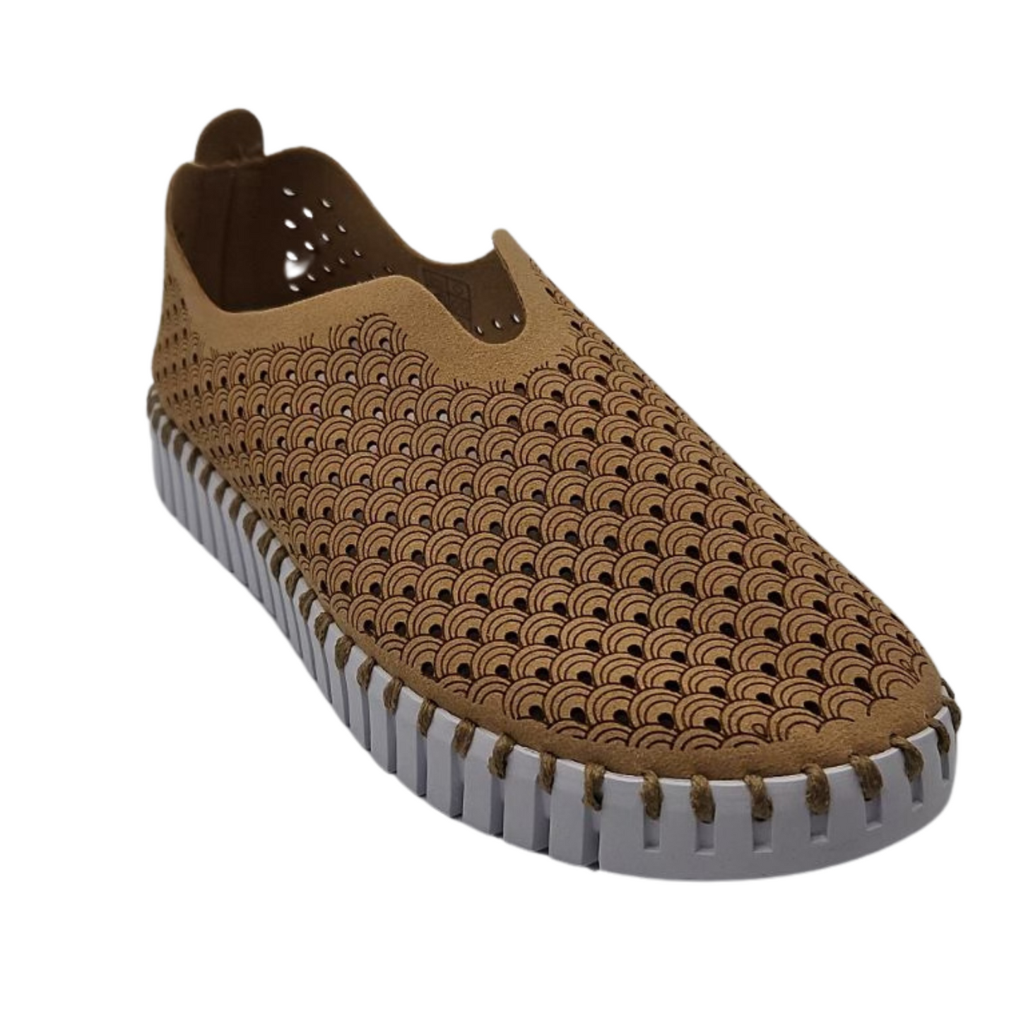 45 degree angled view of latte mesh shoe with white rubber outsole