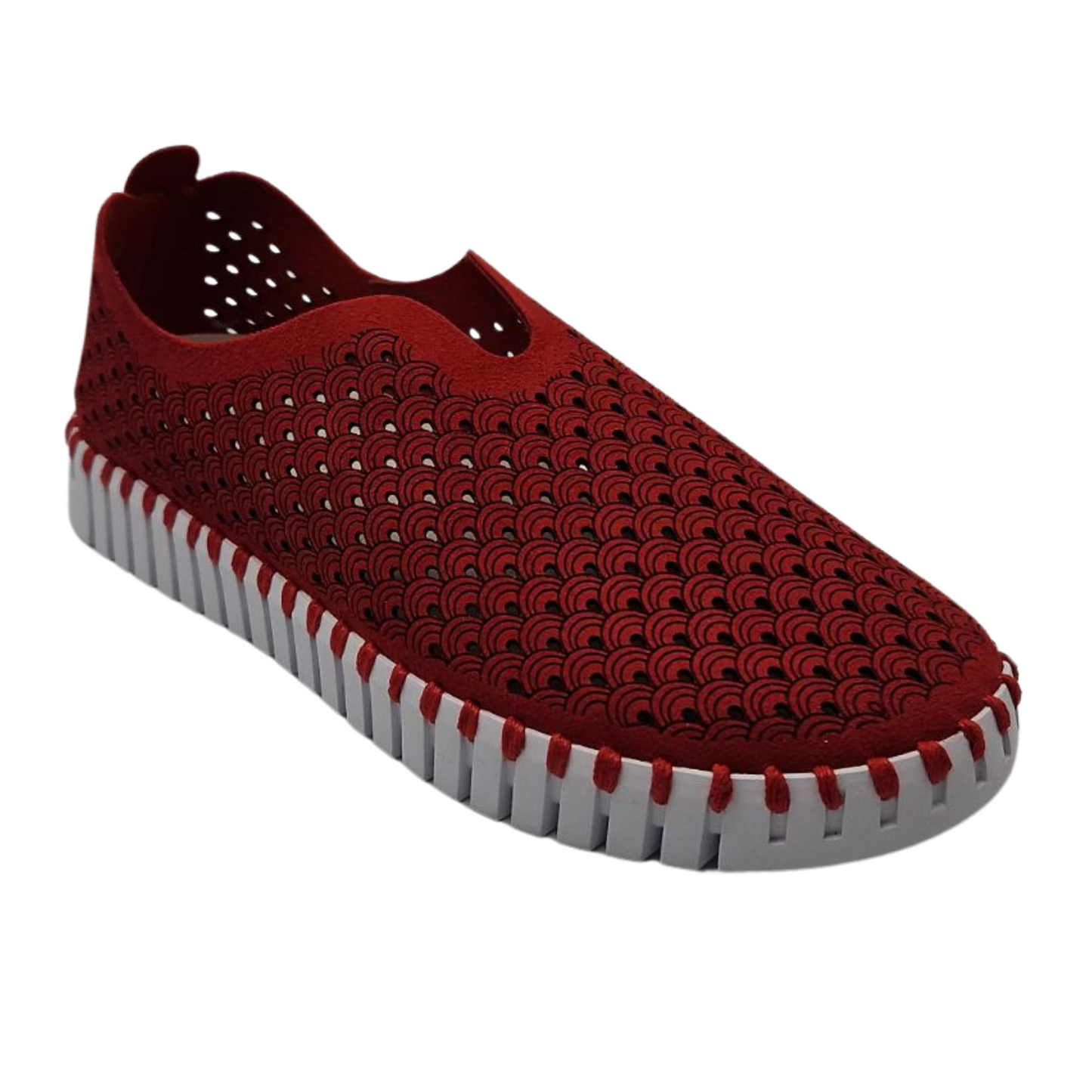 45 degree angled view of deep red mesh shoe with white rubber outsole
