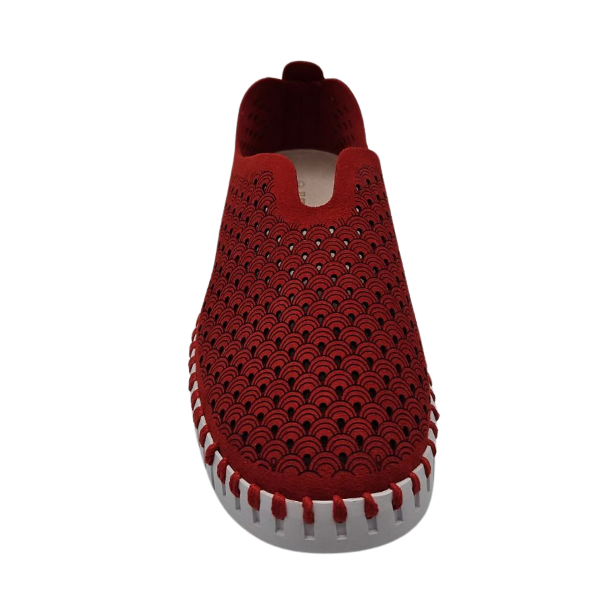 Front facingview of deep red mesh shoe with white rubber outsole