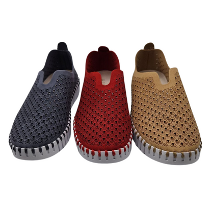 A front view of 3 mesh shoes beside each other. Left is blue grey, the middle is deep red and the right is latte. All have a rubber outsole