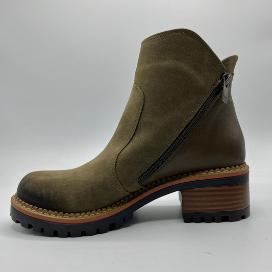 Brown suede ankle boot with a zipper on a white background