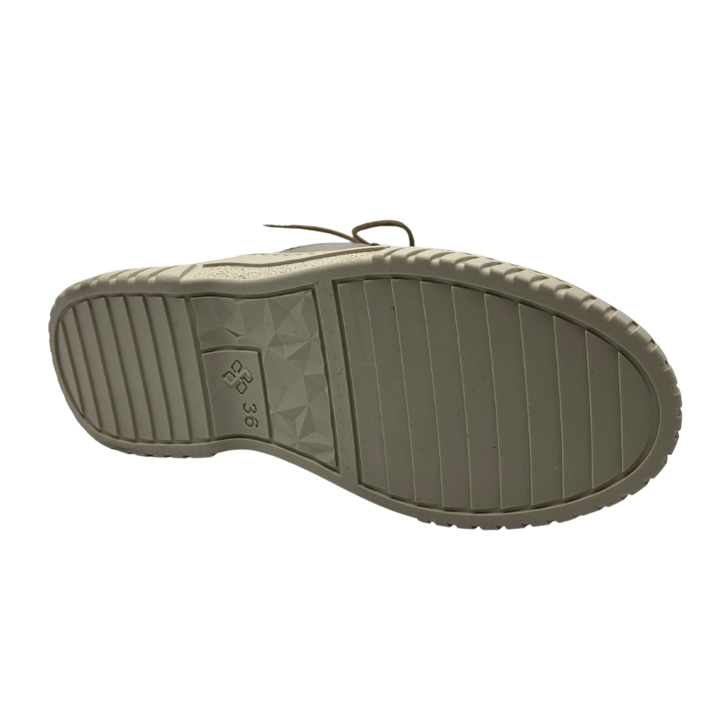 Bottom view of leather and sherpa ankle boot with thin laces and thick cream coloured outsole