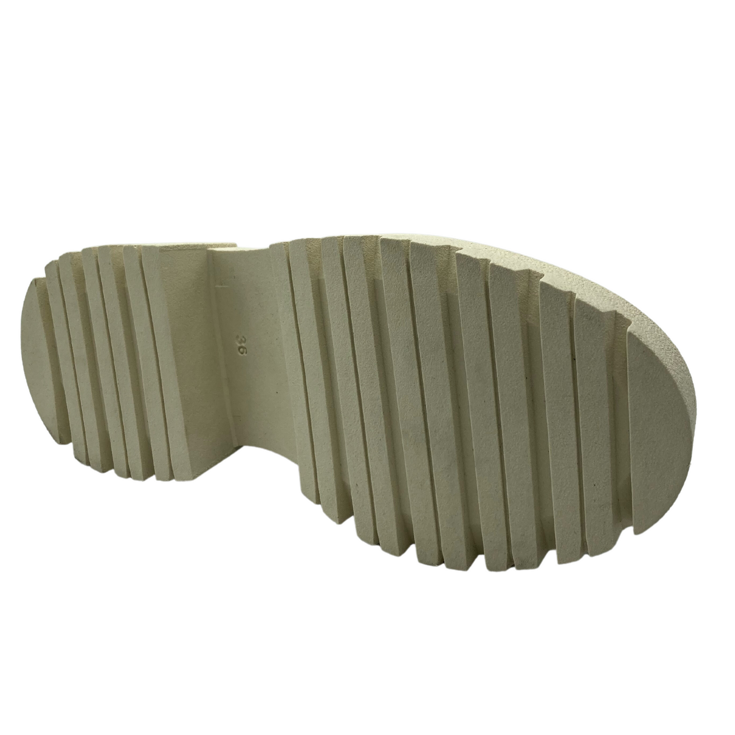 Bottom view of leather boot with chunky rubber outsole and heel