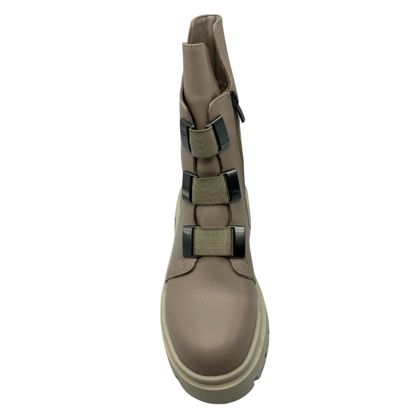Top view of nude leather boot with chunky rubber outsole and 3 straps on shaft