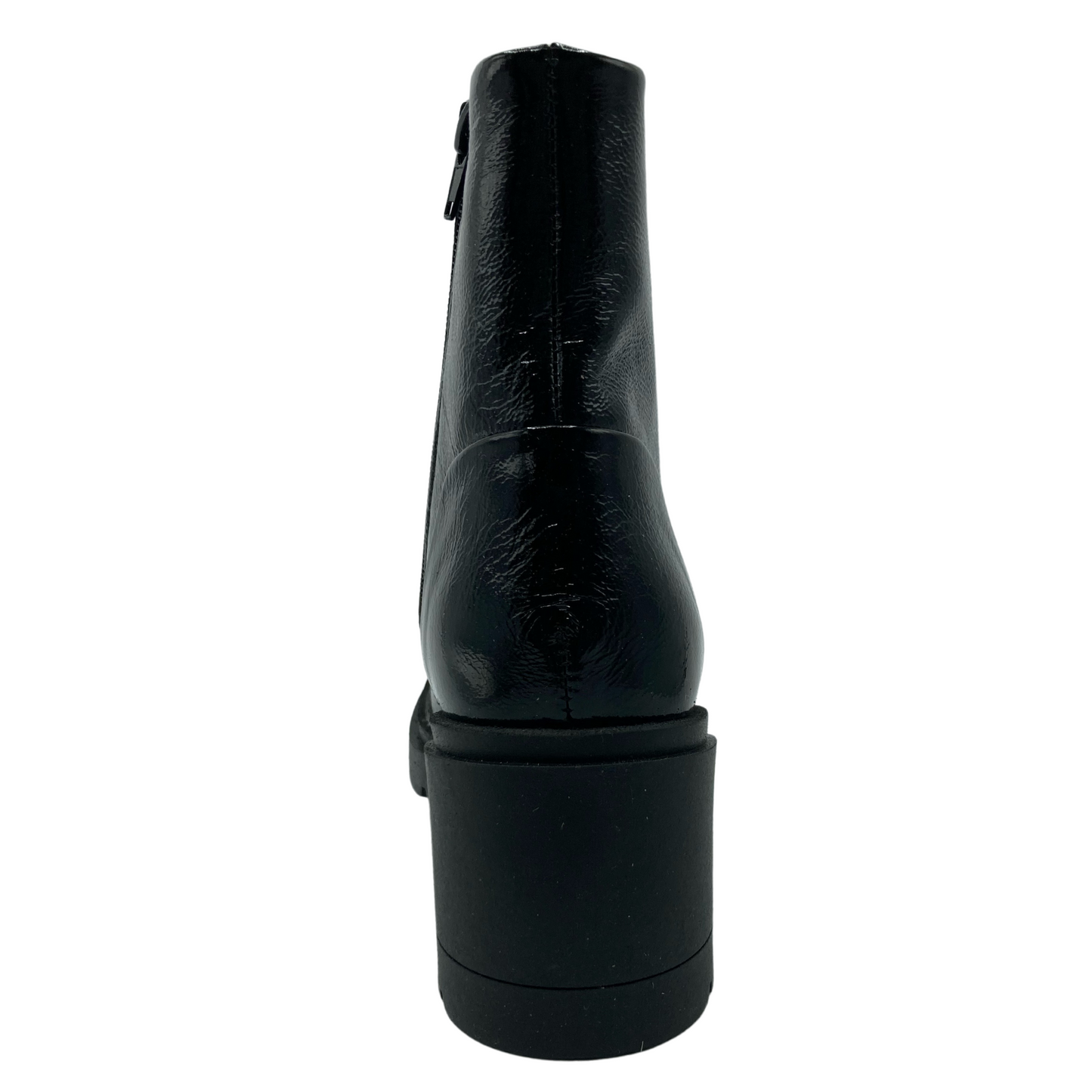 Back view of black patent leather boot with chunky rubber heel