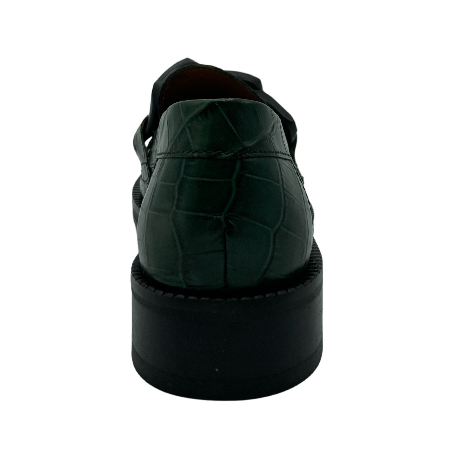 Back view of textured green leather loafer with black block heel