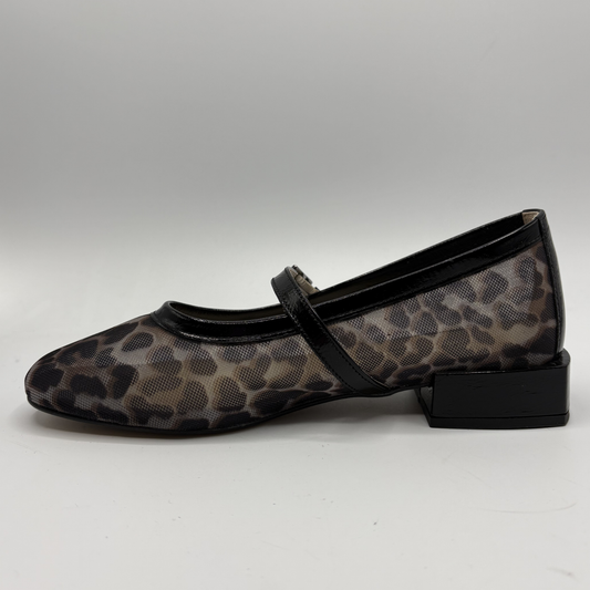 Leopard print shoe with a black strap on a white background