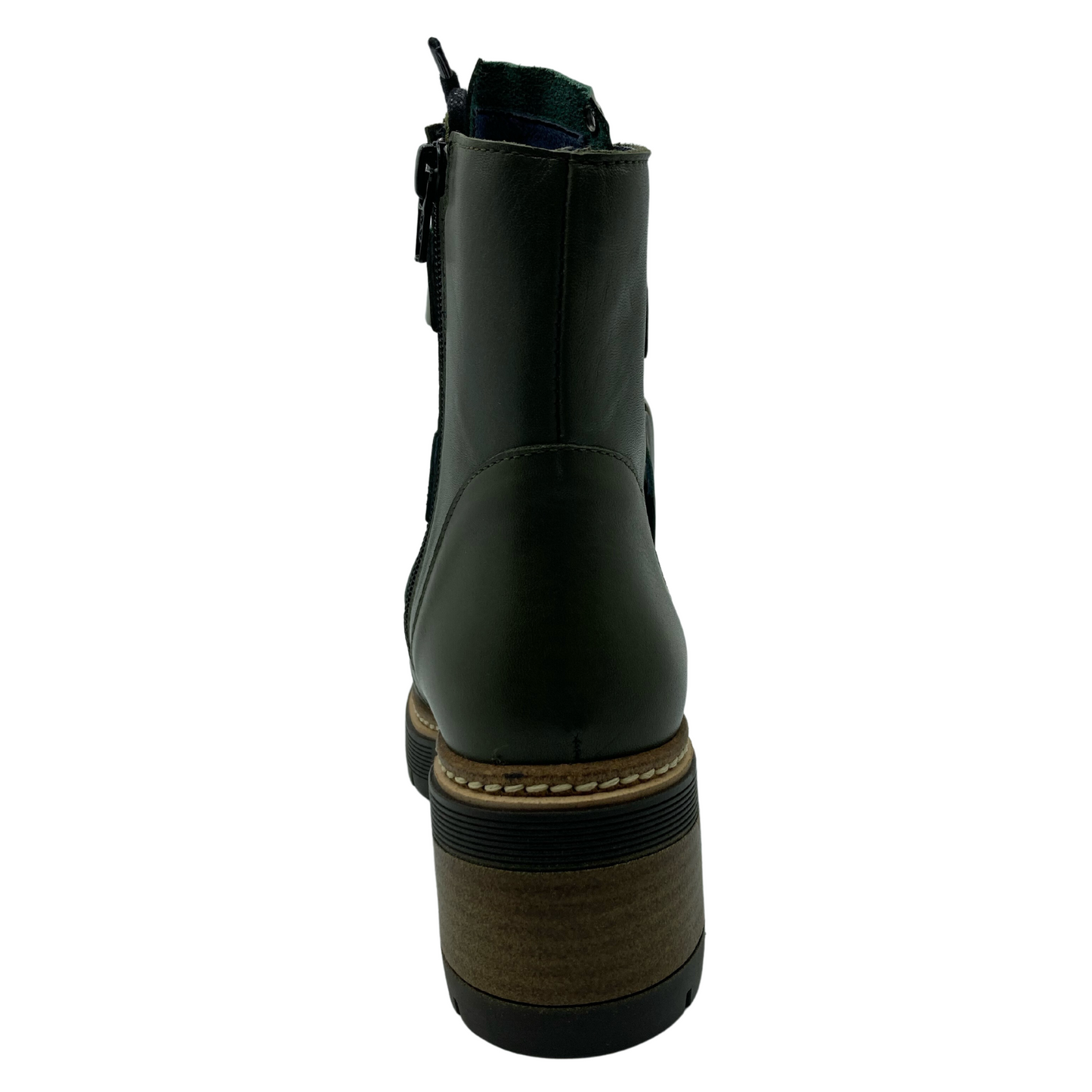 Back view of green leather boot with chunky block heel and side zipper closure