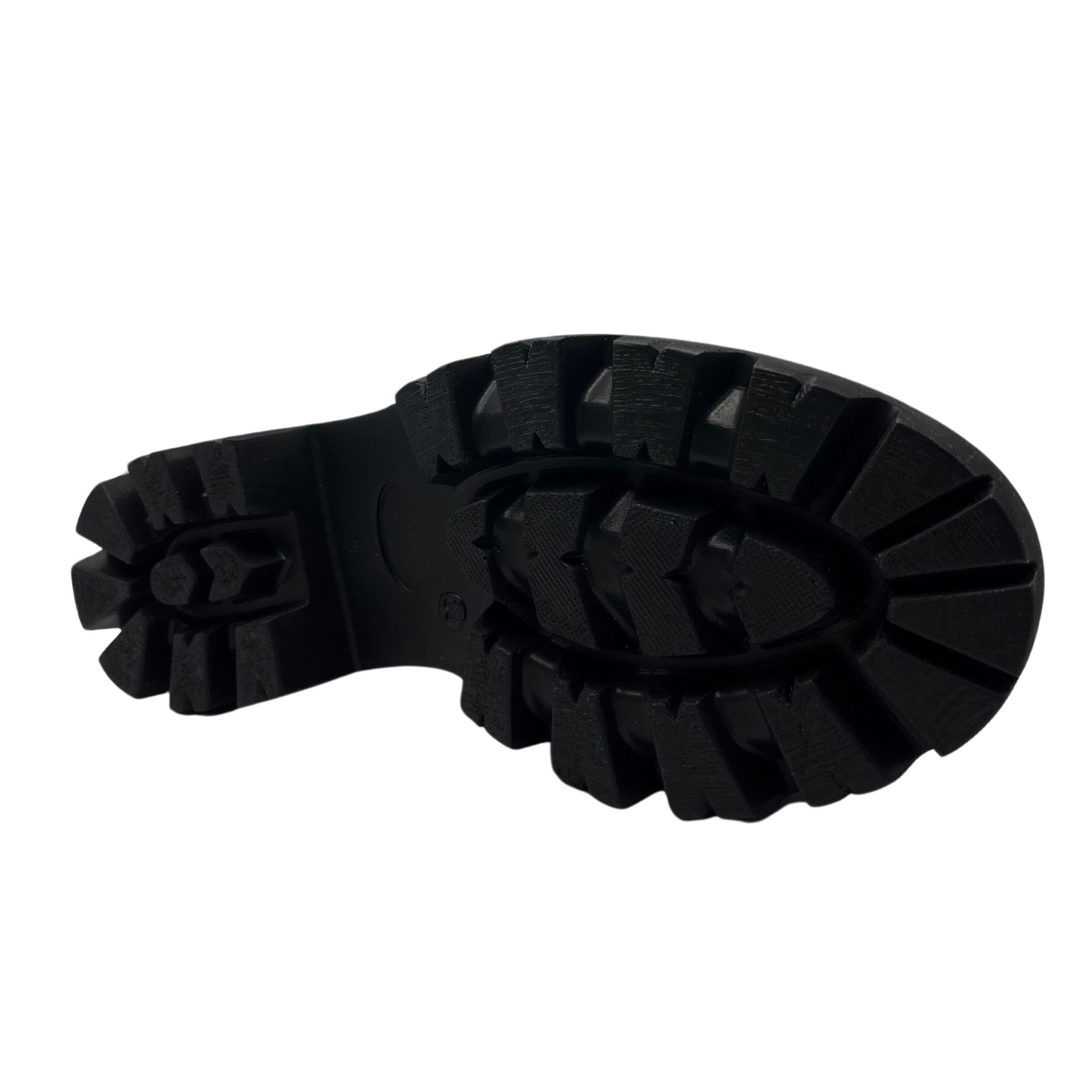 Bottom view of sky blue leather boot with silver buckle on the ankle strap. black lug sole and side zipper closure.