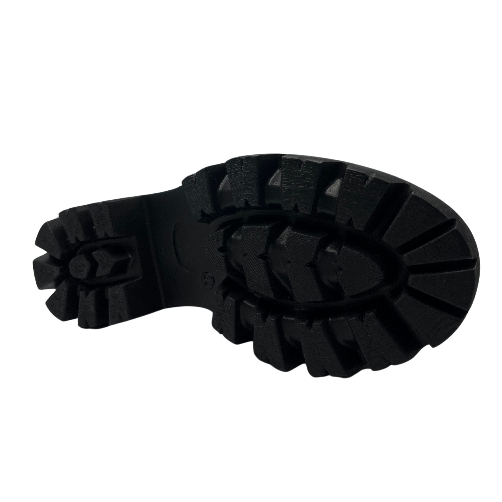 Bottom view of sky blue leather boot with silver buckle on the ankle strap. black lug sole and side zipper closure.