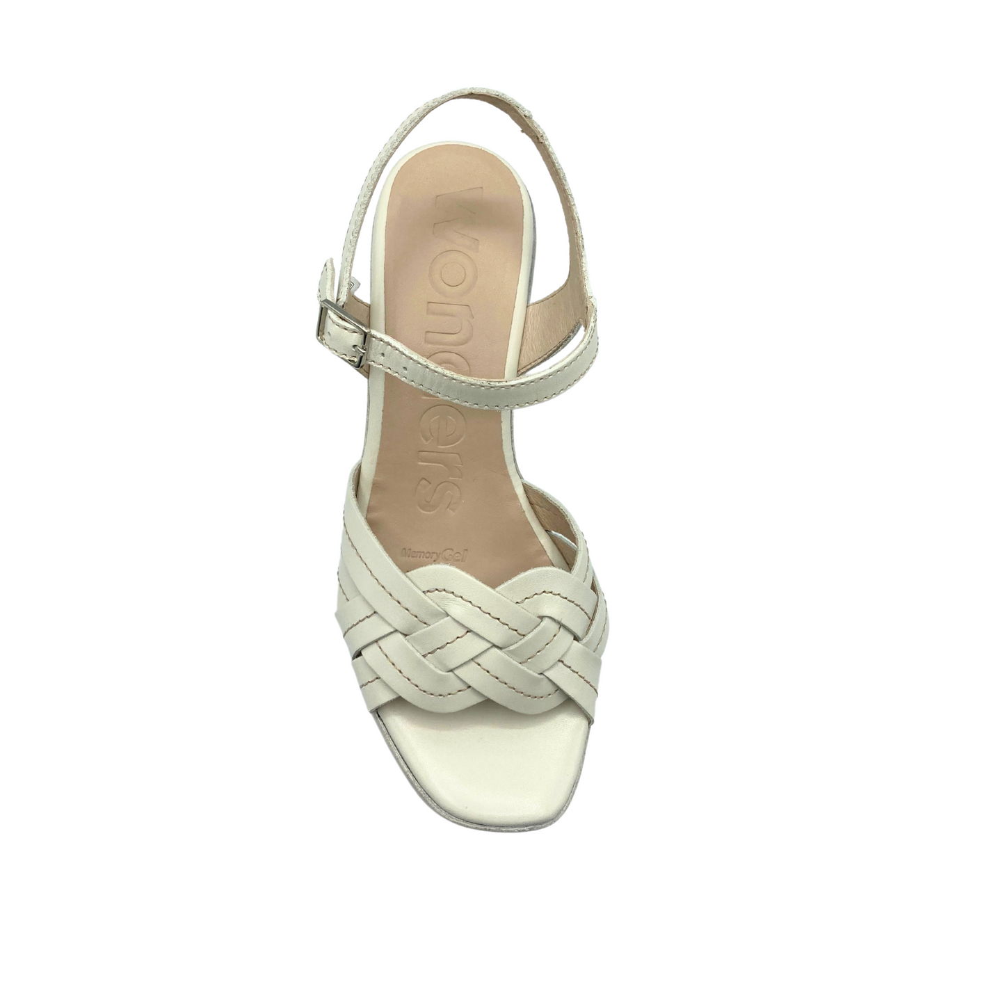 Top down view of a creamy white leather sandal. Woven pattern at forefoot with a heel and ankle strap