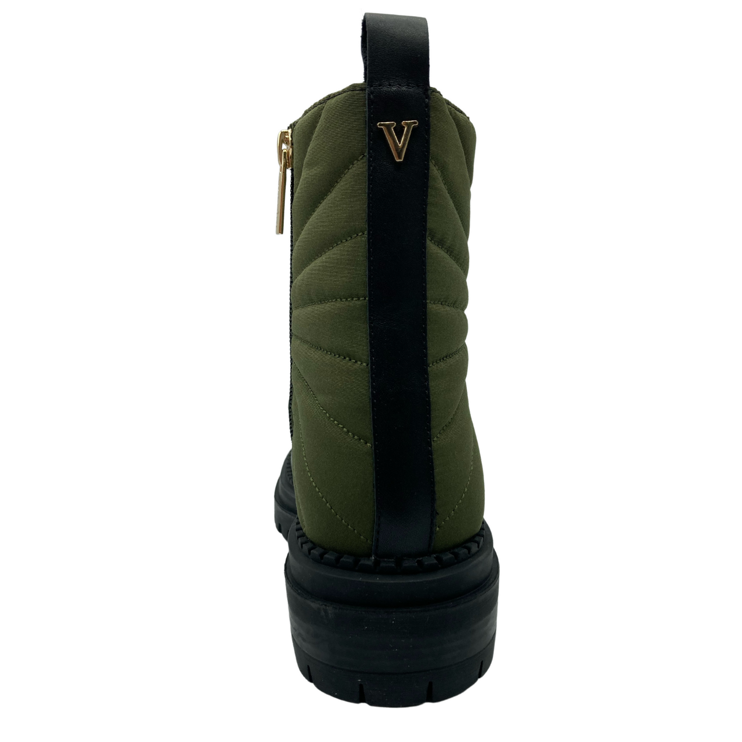 Back view of short boot with green ankle and black rubber outsole