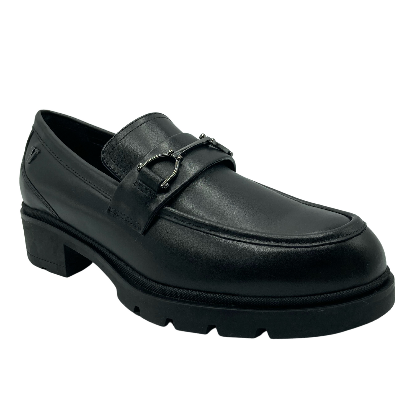 45 degree angled view of black leather loafer wIth metal bit detail on upper