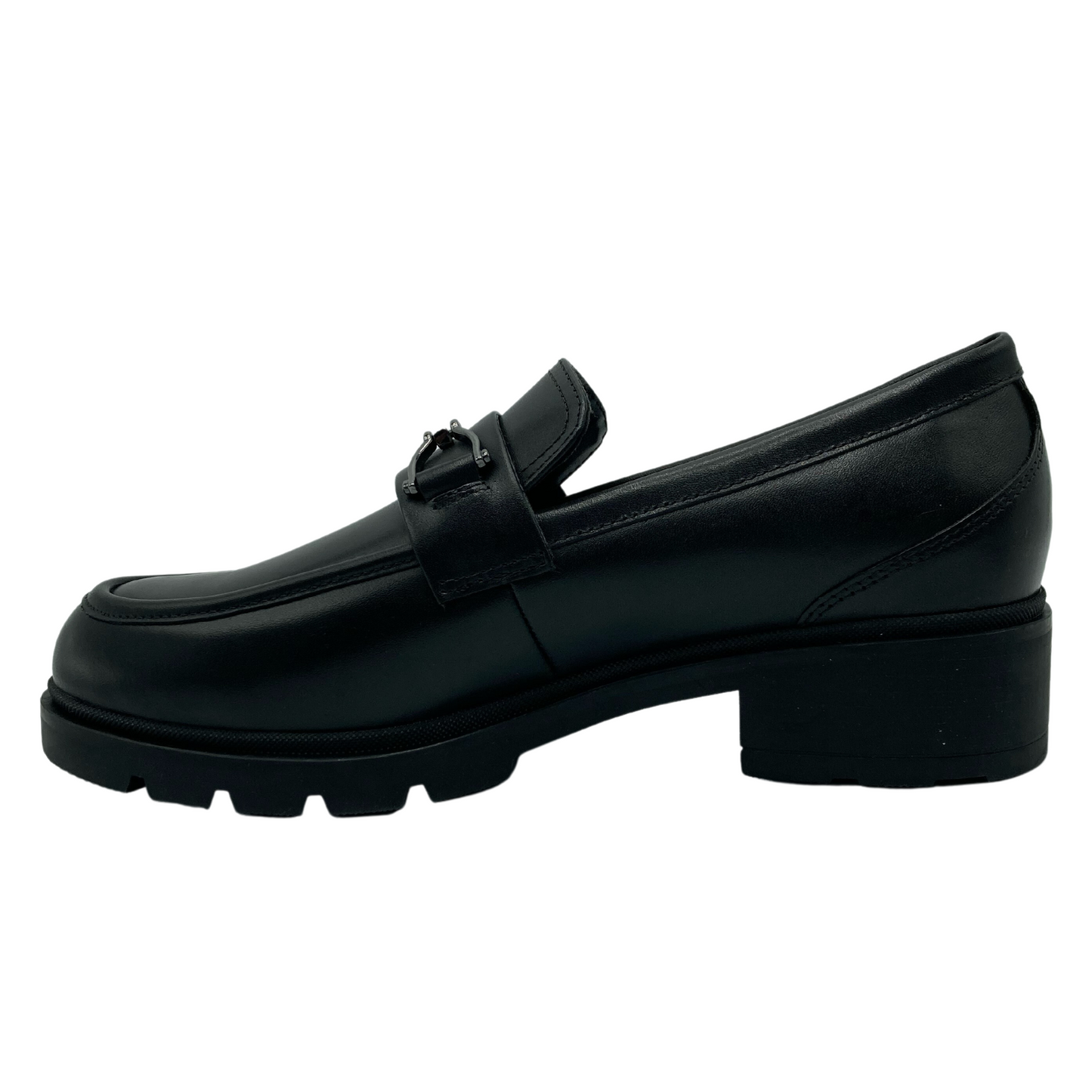 Left facing view of black leather loafer with rubber sole and block heel