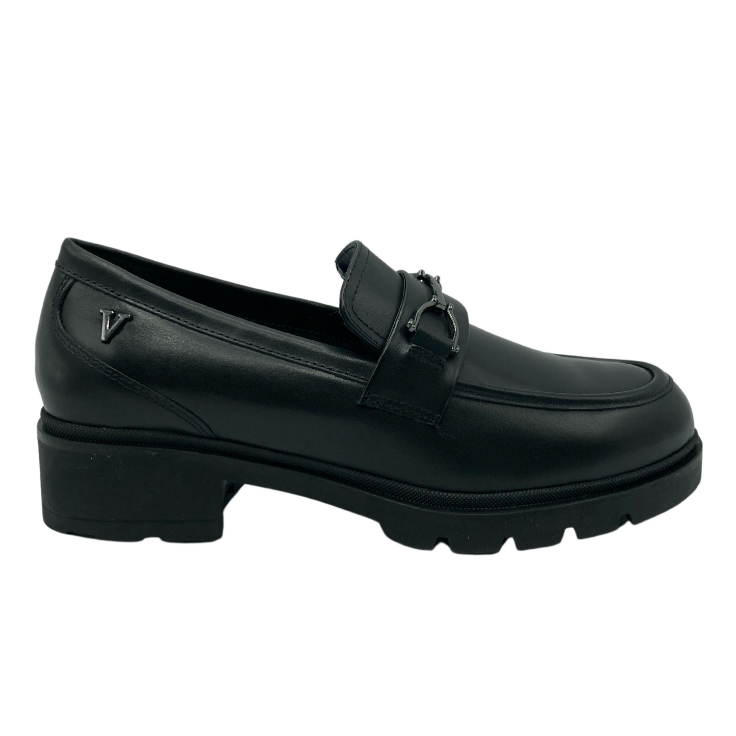 Right facing view of black leather loafer with black rubber outsole and metal bit detail on upper