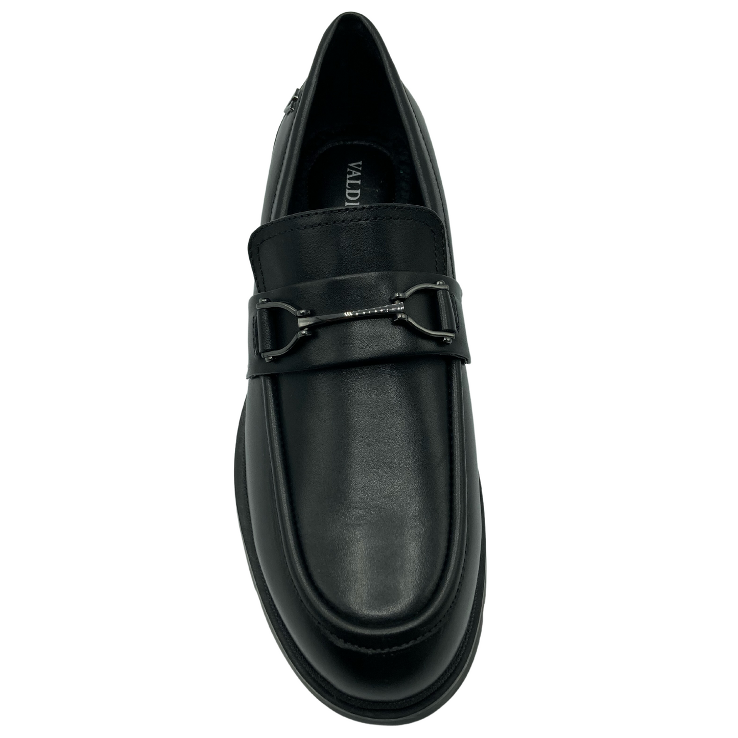 Top view of black leather loafer with metal bit detail on upper
