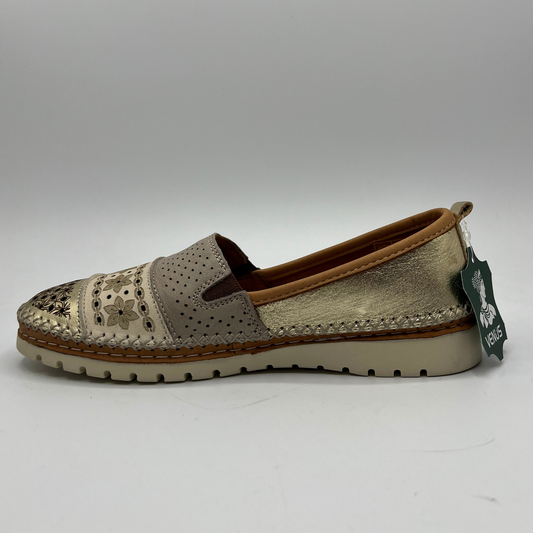 Left facing view of a leather slip on sport moccasin with metallic god accents and a perforated pattern on the toe box.