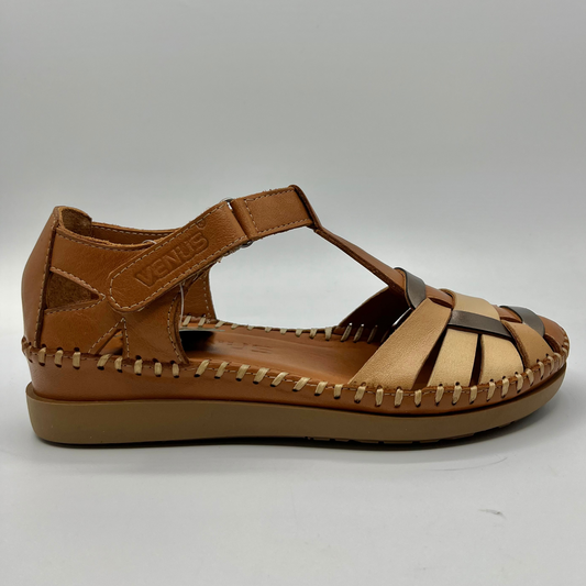 Right facing view of a brown leather sandal with a woven, closed toe and an adjustable ankle strap.