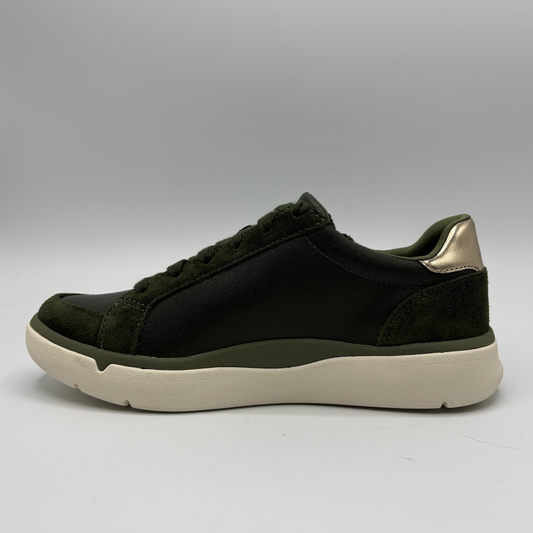 Left view of an Olive coloured sneaker with a side zipper