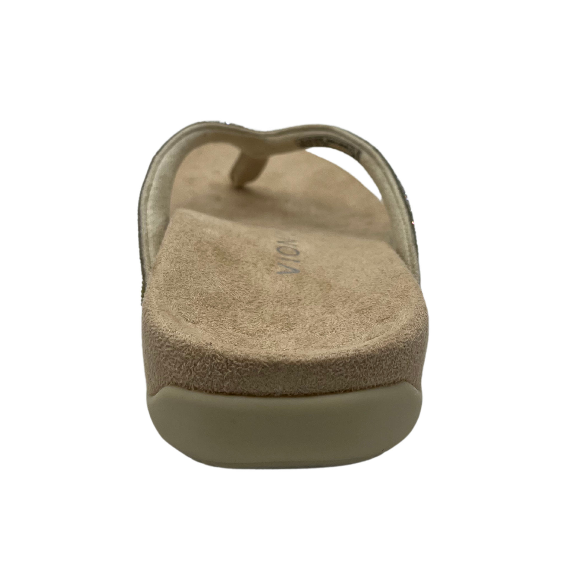 Back view of brown and silver sandal with crystal straps and microfibre footbed