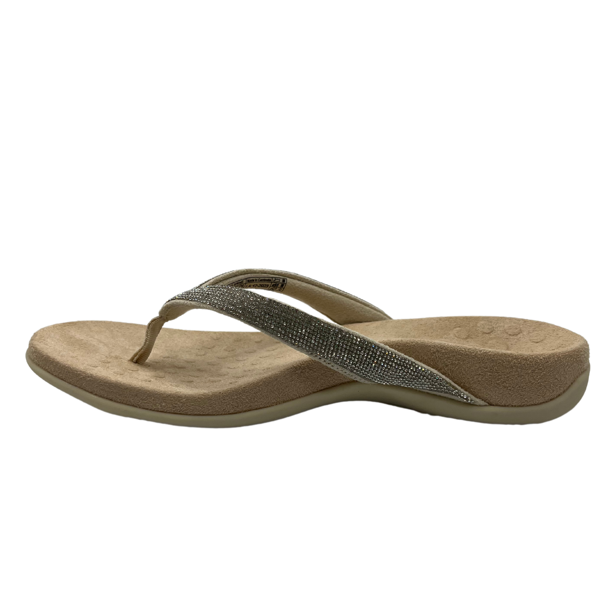 Left facing view of brown and silver sandal with crystal straps and microfibre footbed