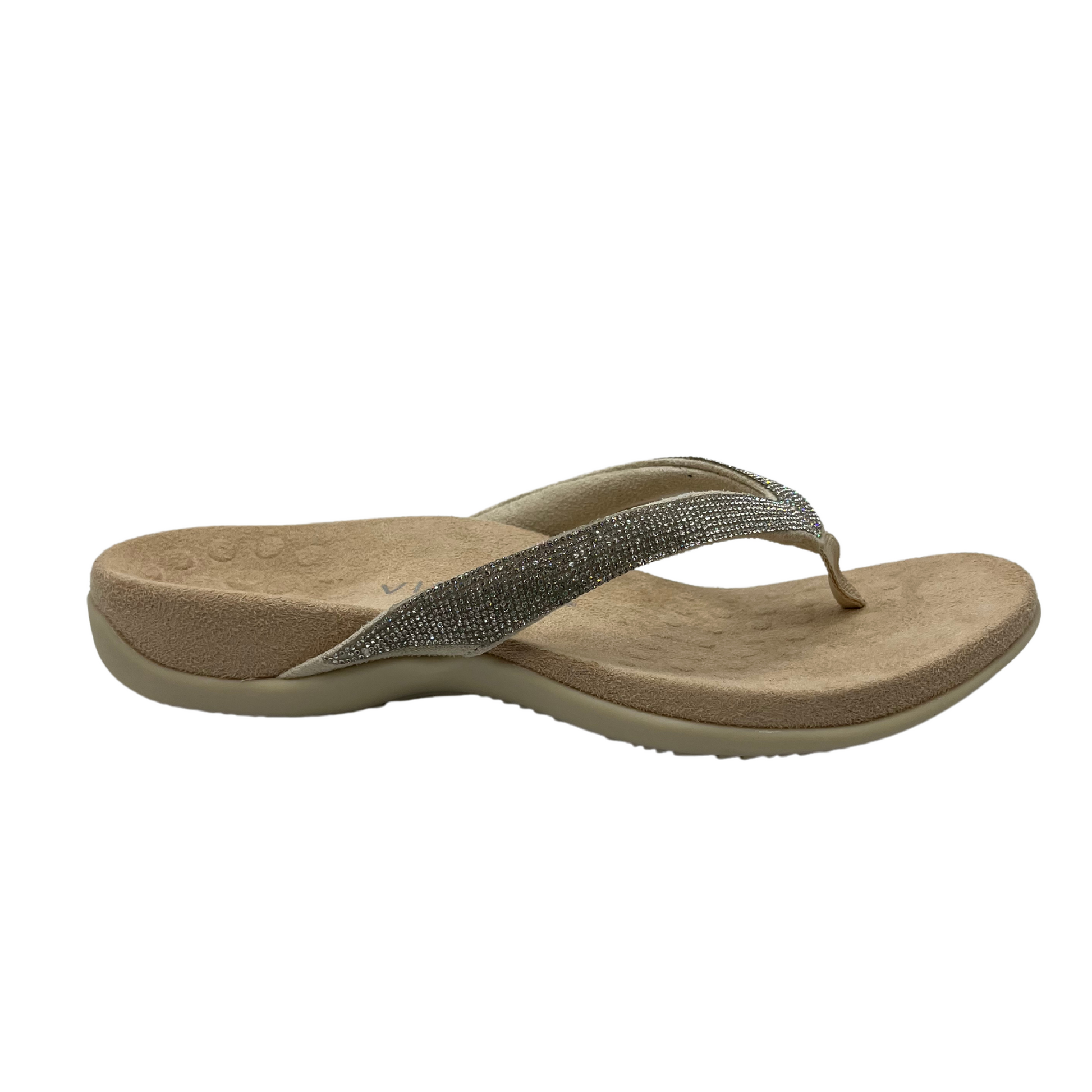 Right facing view of brown and silver sandal with crystal straps and microfibre footbed