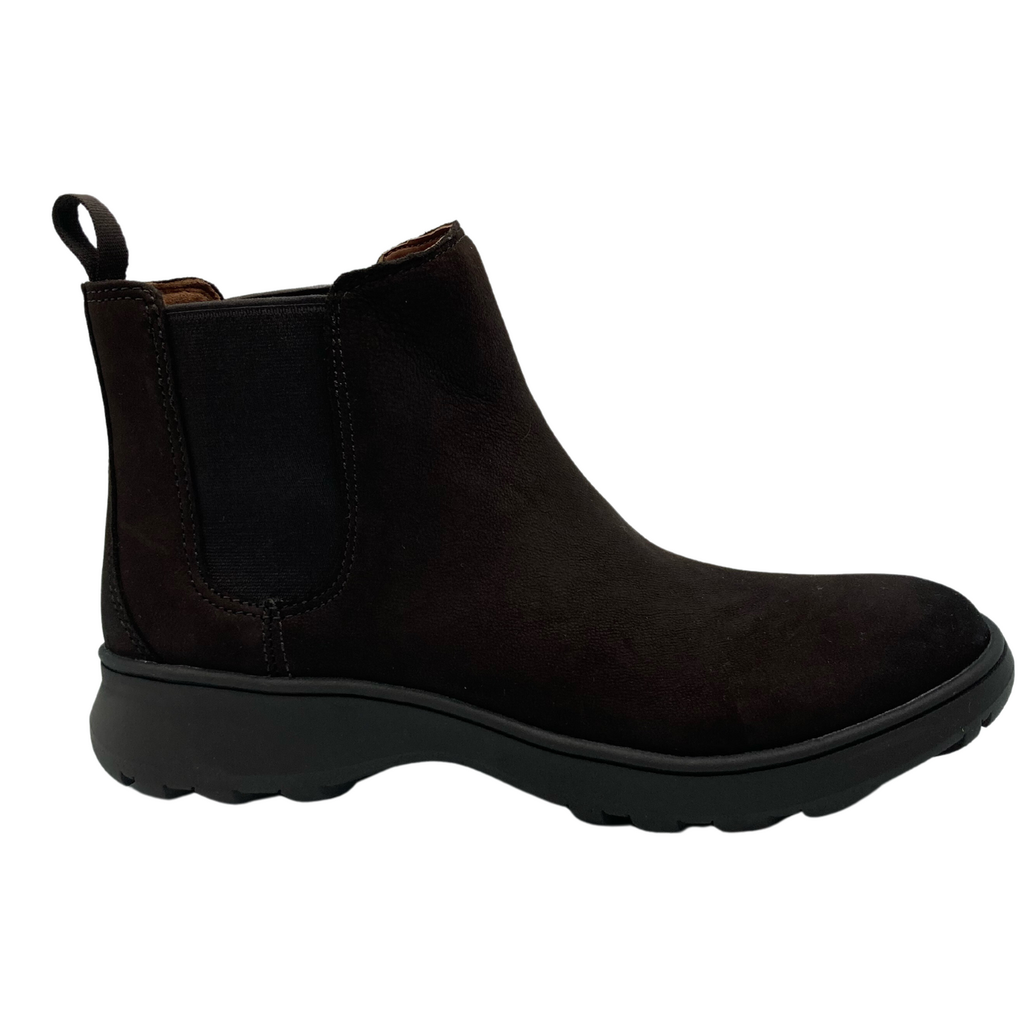 Right facing view of dark chocolate nubuck bootie with rubber sole and black elastic gore
