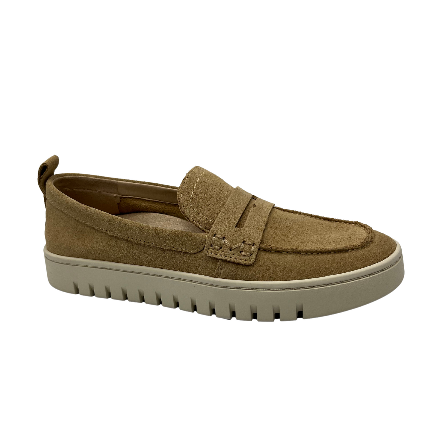 Right facing view of sand suede loafer with white outsole and 1 inch platform. Pull on heel tab and rounded toe.