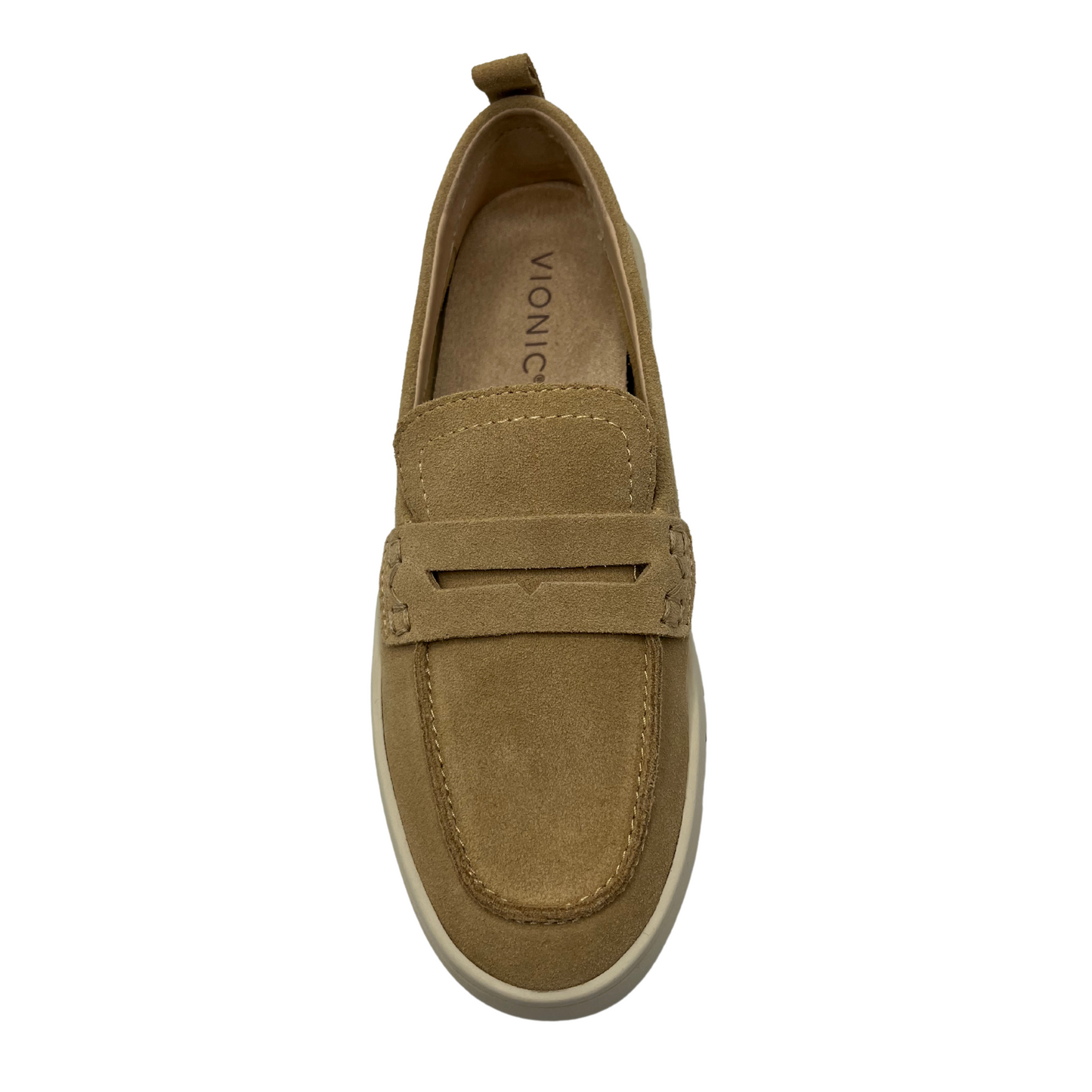 Top view of sand suede loafer with white outsole and 1 inch platform. Pull on heel tab and rounded toe.