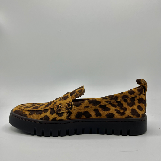 Left facing view of a leopard print suede loafer