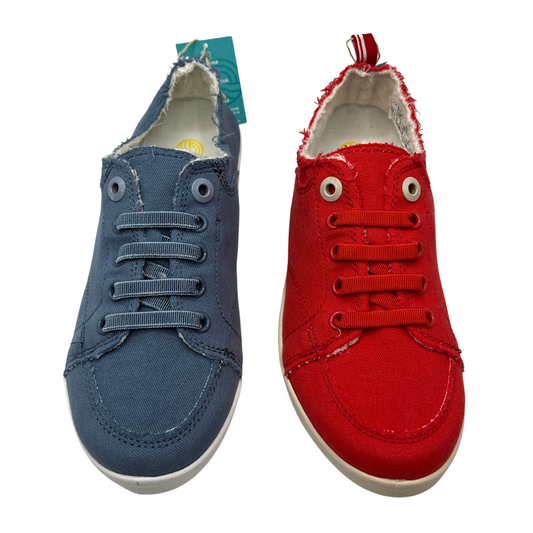 Top down view of two canvas shoes side by side. One is blue and one is red. Both have matching eyelets and laces