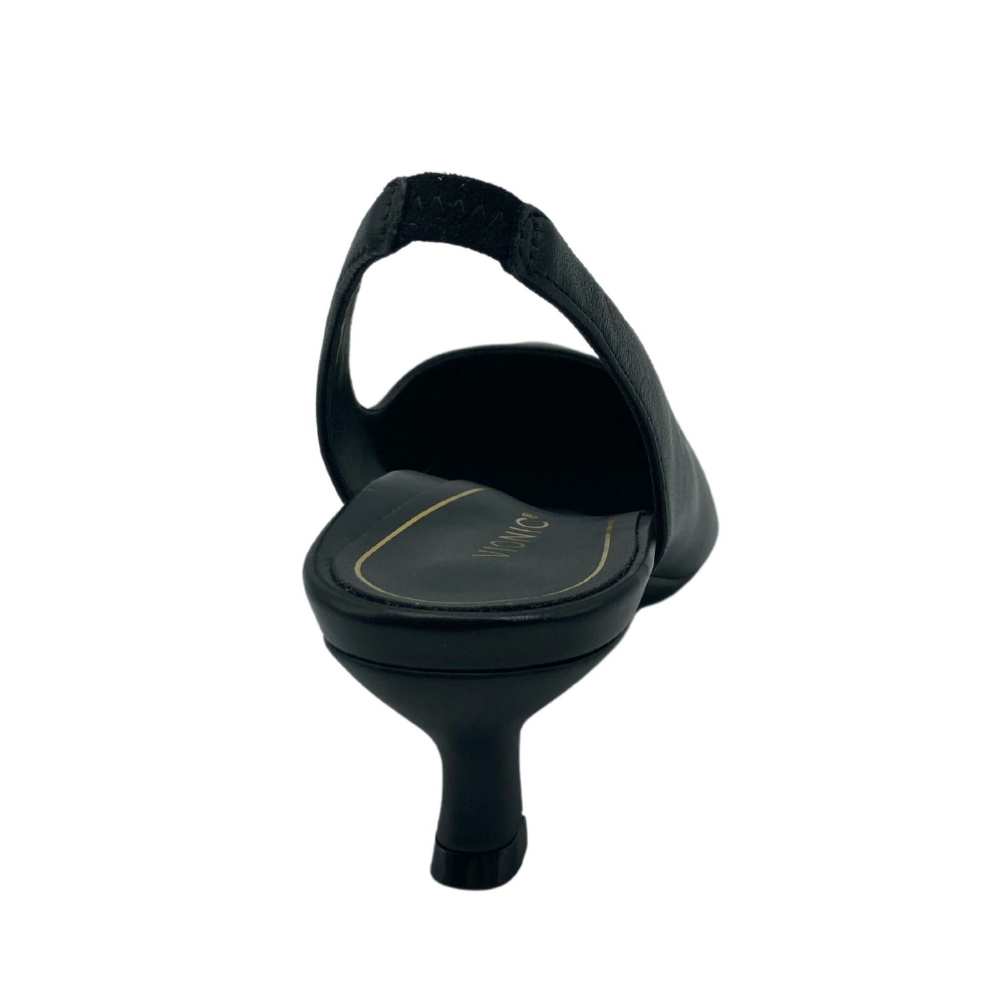 Heel view of back of black leather kitten heel with sling back
