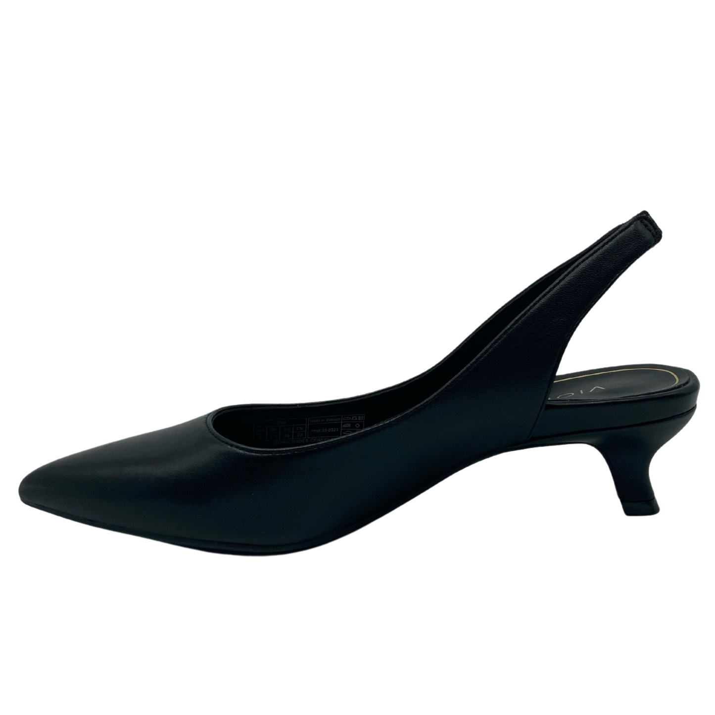 Left facing view of black leather, sling back with pointed toe and kitten heel