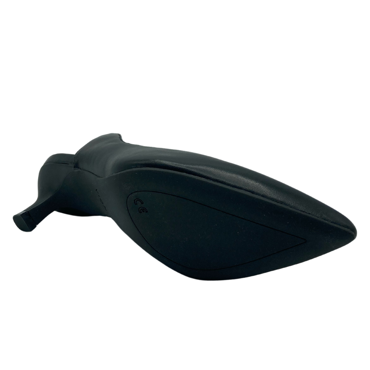 View of the bottom of a black leather kitten heel with black sole