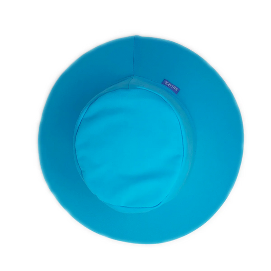 Upper view of the aqua hat showing the full circumference of the hat.