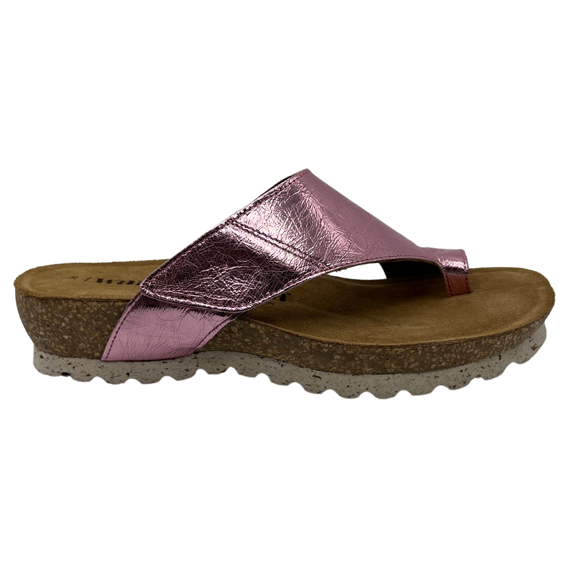 Right facing view of pink leather sandal with cork footbed