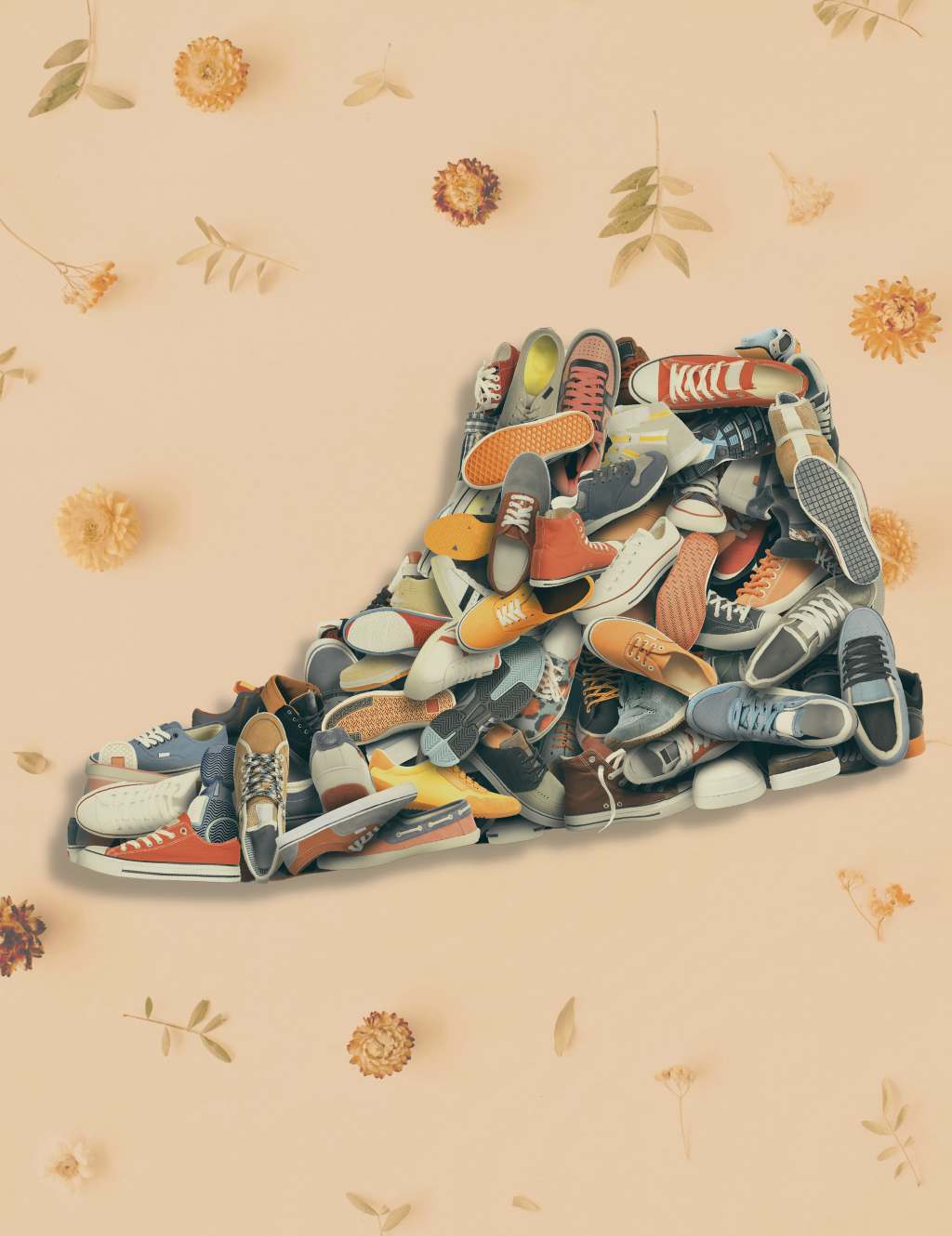 Pile of sneakers in a shape of a high-top sneaker on beige background with fall flowers