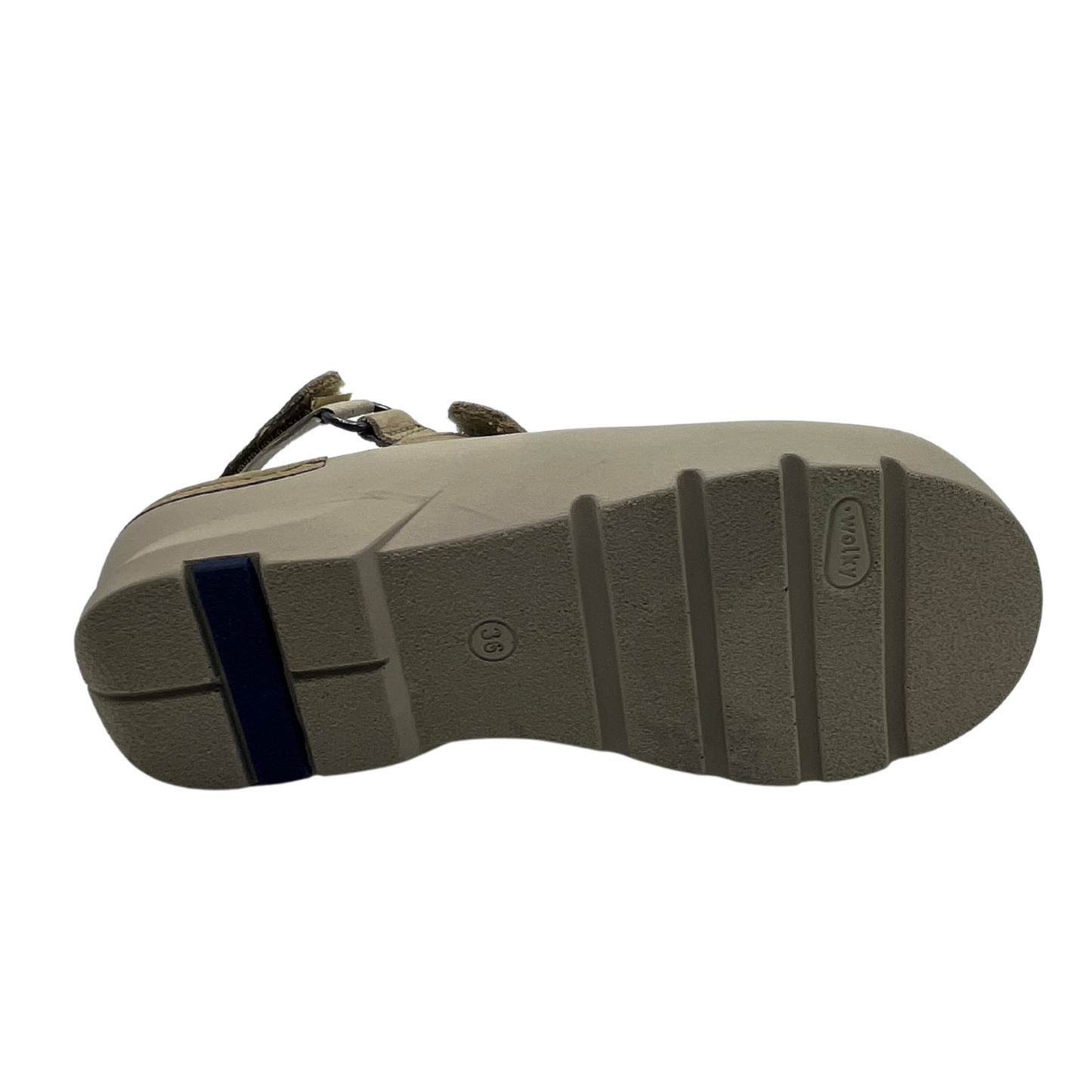 Bottom view of sand coloured sandals with braided style adjustable straps.
