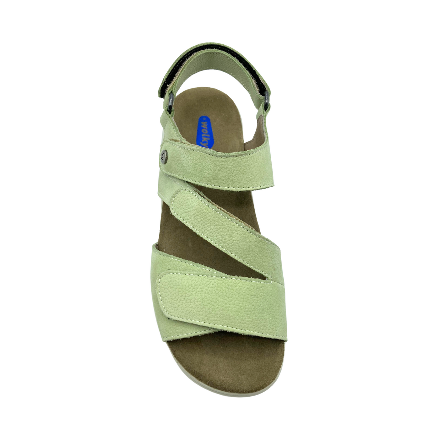 Top down view of a light green leather sandal. Four adjustable velcro tabs to create a custom fit. Velcro at front strap, over midstep, top strap and ankle strap