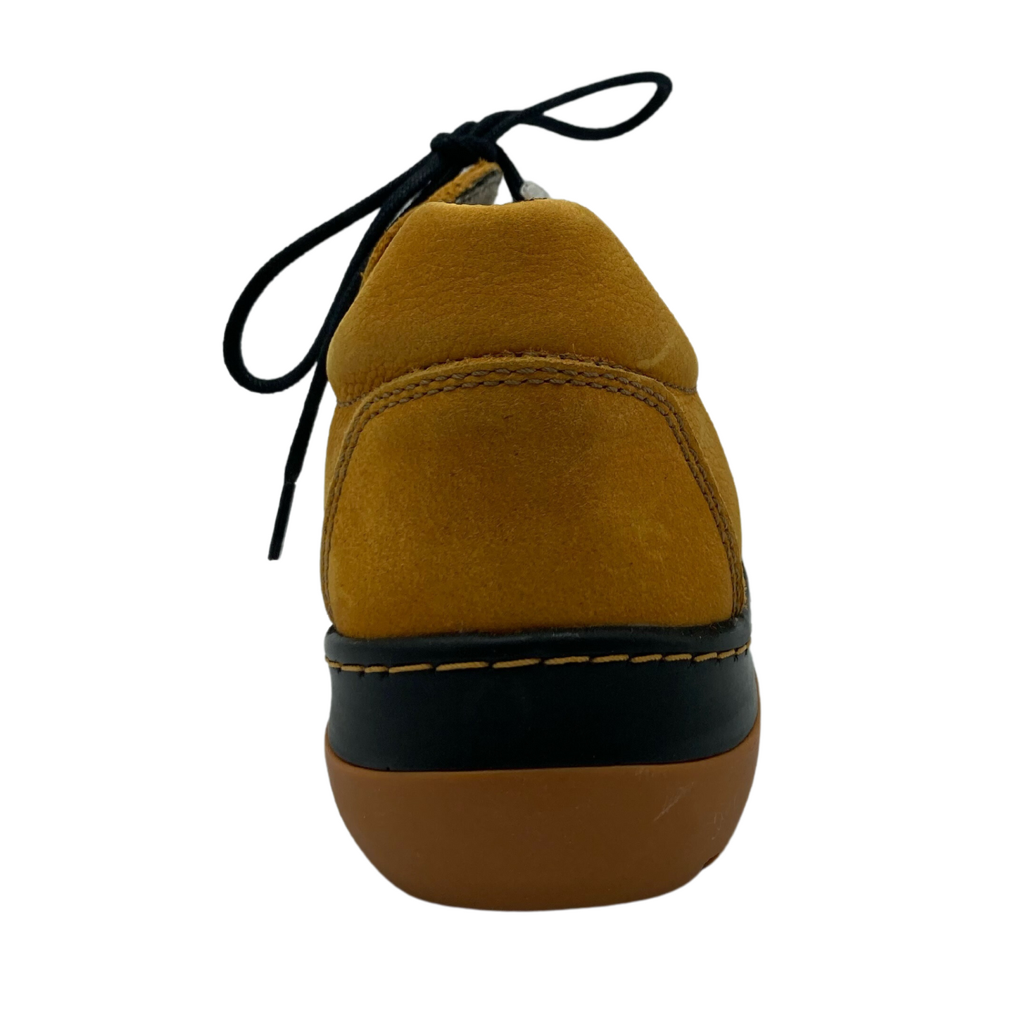 Back view of yellow nubuck sneaker with thick rubber sole and black laces