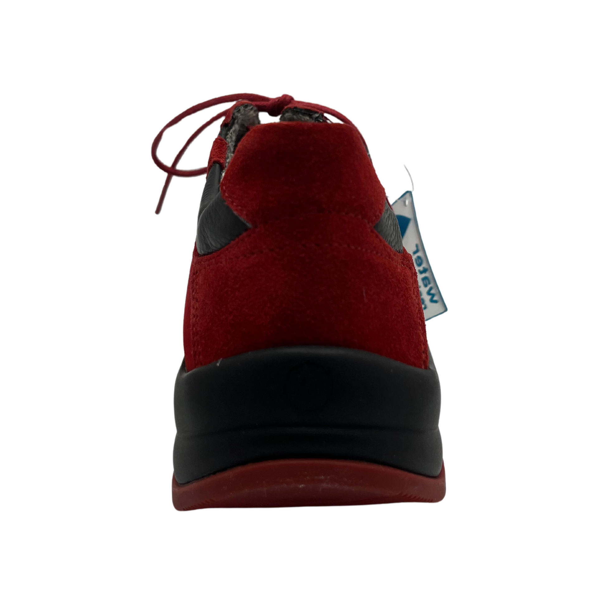 Back view of red leather sneakers with a water resistant upper, laces and side zipper closure.