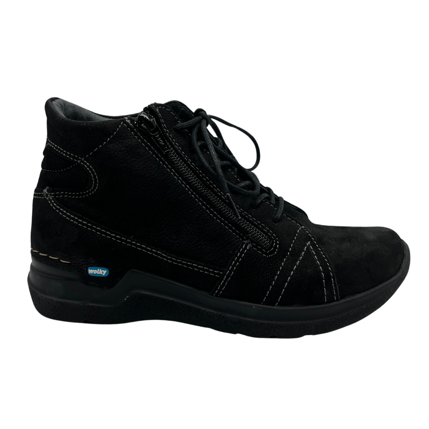 Right facing view of black suede short boot with matching laces, side zipper closure and black outsole