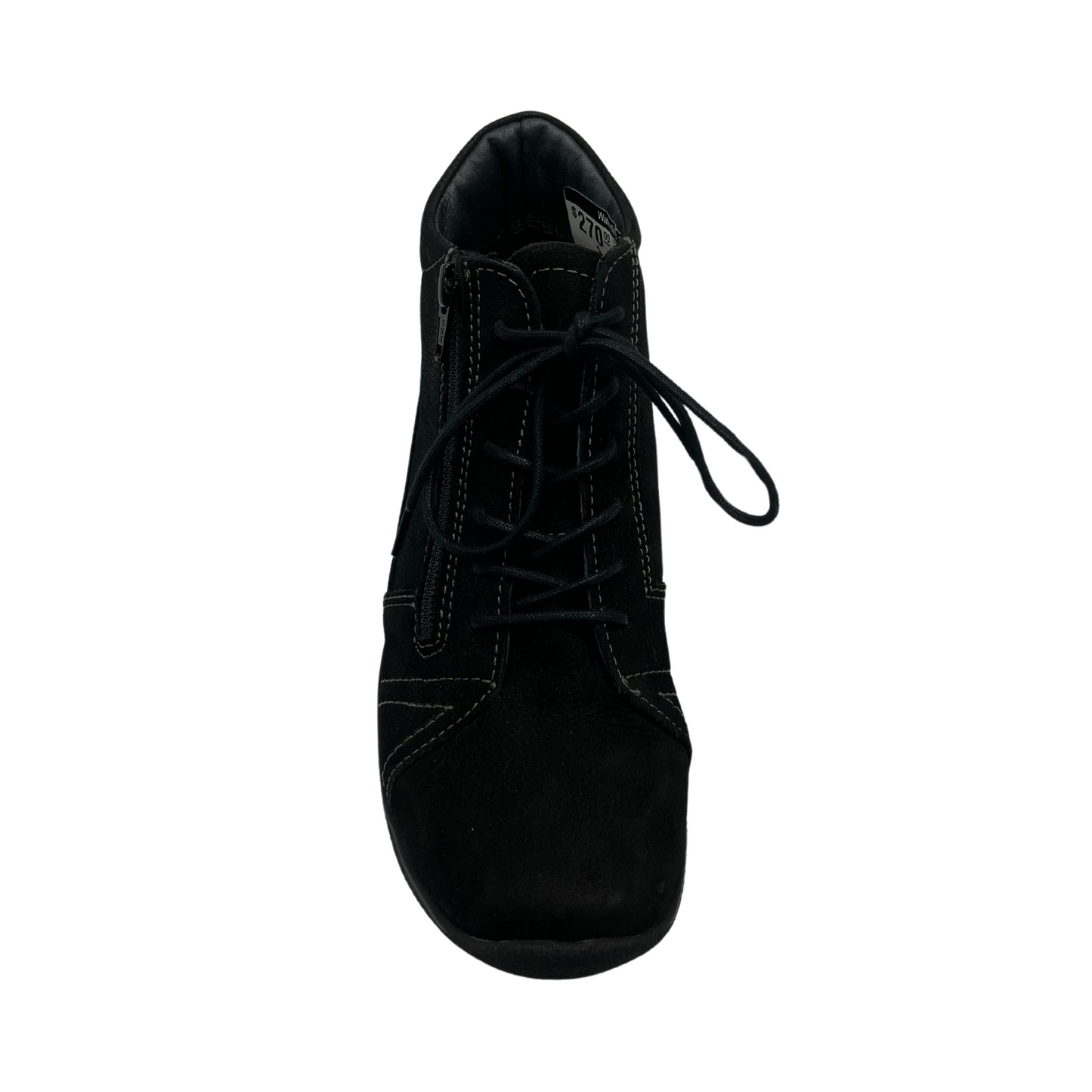 Top view of black suede short boot with matching laces and side zipper closure