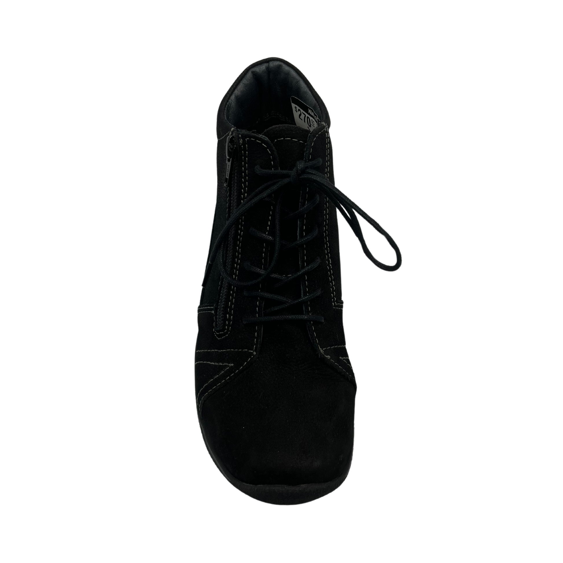 Top view of black suede short boot with matching laces and side zipper closure